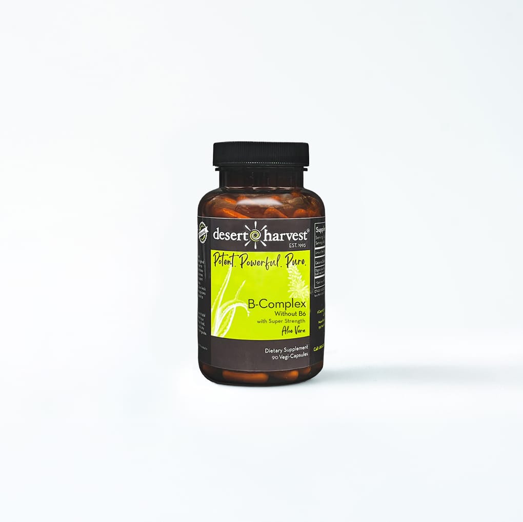 The Desert Harvest B-Complex bottle showing a label for B-Complex Without B6 with Super Strength Aloe Vera