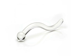 A clear glass EZ Magic Therawand pelvic floor massage wand on a white background